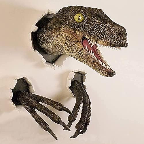 FDGDFG Halloween Velociraptor Statue Wall, Wall Mount Dinosaur Head Sculpture, Dinosaur Bust Hanging Prop Replica, 3D Dinosaur Statue, for Indoor and Outdoor Dinosaur Hanging Prop Suit (Yellow)