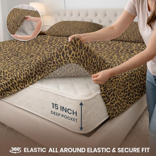 Image of SGI Split King Sheet Set for Adjustable Bed Egyptian Premium Cotton 600 Thread Count Sheets for Sleep Number Bed 15 inch Deep Pocket 5 Pc Set with 2 Twin XL Fitted Sheets Soft Breathable -Leopard Print