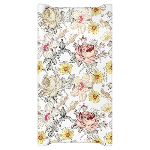 Image of Changing Pad Cover, Diaper Baby Changing Table Covers for Girls & Boys, HNHUAMING Soft Fitted Changing Mat Cover Stretchy Nursery Changing Pad Sheets, Floral (32 X 16 Inches)