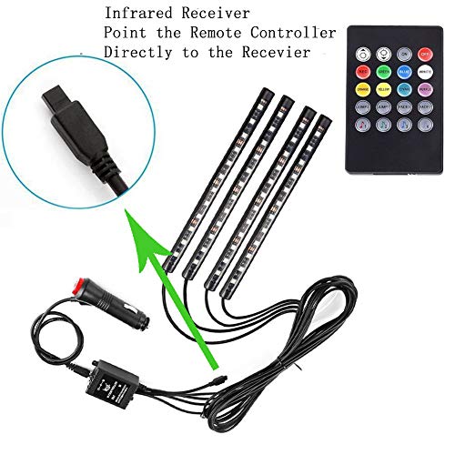 Car LED Strip Light,Uniwit 4 Pieces DC 12V 72 LED Multicolor Car Interior Music Light LED Underdash Lighting Kit with Sound Active Function and Wireless Remote Control Including Car Charger