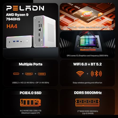 Image of PELADN Mini PC, AMD Ryzen 9 7940HS (8C /16T, Up to 5.1GHz) Radeon 780M 32GB DDR5 5600Mhz RAM, 1TB SSD, 4K HD, BT5.2, Dual HD, WiFi6 2.4G /5G, Business Small Desktop PC RGB Light