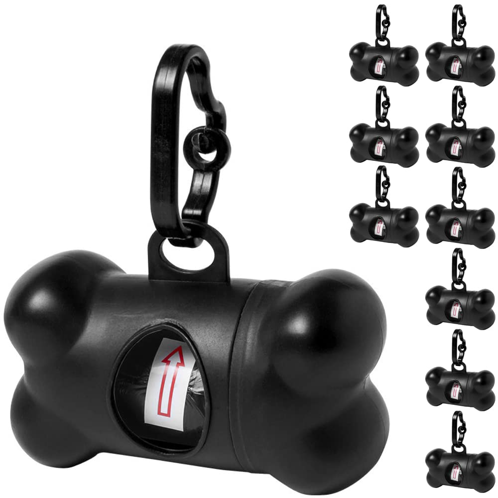 eBuyGB Bone Shaped Pet Waste Bag Holder Dispenser with 15 Bags, Dog Poo Pickup Bags Holder with Lead Leash Clip, Poop Trash Bags Carrier with Carabiner Fastener - Pack of 10 (Black)