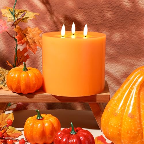 Image of Retisee 2 Pack Orange Extra Large Flameless Candles 6 inch x 6 inch | LED Battery Operated, 3 Wicks Flickering Pillar Candle, Remote Control Timer, Wedding Christmas Party Decoration