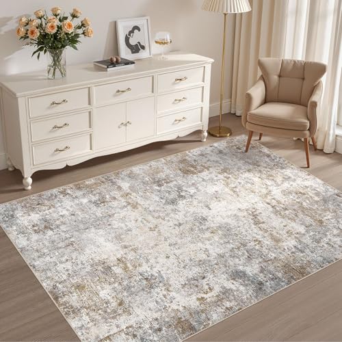 4x6 Area Rug Living Room Rugs - Washable Neutral Modern Abstract Soft Thin Rug Indoor Floor No Slip Rug Carpet for Bedroom Under Dining Table Home Office Decor - Brown Grey