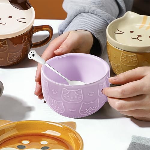 Taza de cerámica morada con tapa y diseño de gato kawaii miniatura 7