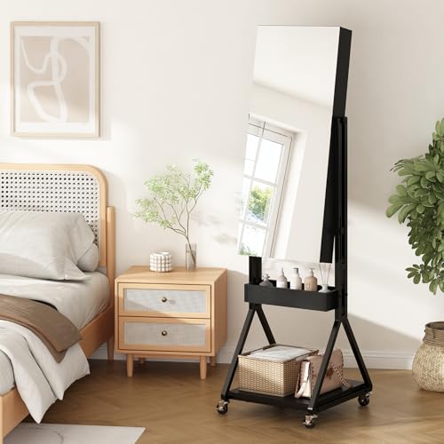 Espelho de Corpo Completo com Armário Organizador, Espelho Móvel com Rodas para Quarto, Organizador de Bijuterias e Maquiagem, Espelhos de Cheque Completo com Armário Interno, Design Moderno Preto