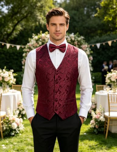 Image of DiBanGu Mens Paisley Suit Waistcoat,Silk Dress Vest and Bowtie Pocket Square Cufflinks with Lapel Pin Set for Wedding Tuxedo