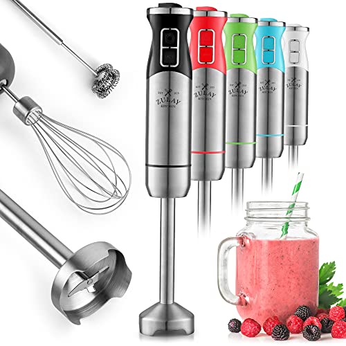 Zulay Kitchen Immersion Blender Handheld 500W - 8 Speed Copper Motor Immersion Hand Blender - Heavy Duty Stick Blender Immersion With Stainless Steel Whisk and Milk Frother Attachments (Black)