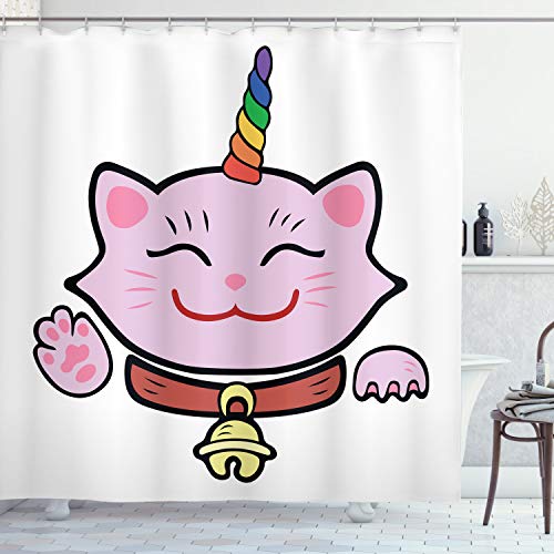 ABAKUHAUS Unicorn Cat Shower Curtain, Pink Maneki Neko of Happiness Luck Success Love Culture Cartoon