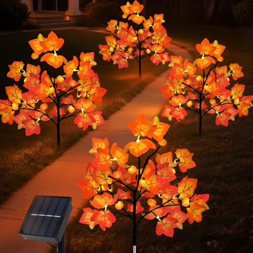 Lmtocs 4 Packs Solar Fall Thanksgiving Decorations Outdoor 80LED Maple Leaf Pumpkin Fall Lights for Outdoor Fall Decorations Waterproof Thanksgiving Lights for Yard Pathway Harvest Decor
