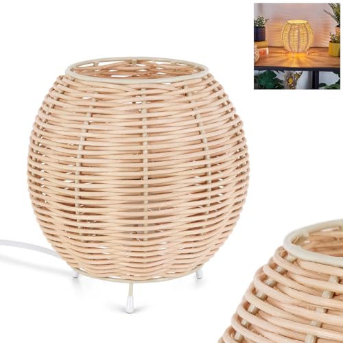 Lámpara de mesa Malpica, Iluminacion de Metal/Ratán en Color Beige/Natural, Lámpara Bohemia con Pantalla de Ratán (Ø 16 cm) y Interruptor de Encendido/Apagado en el Cable, Altura 16,5 cm, 1 x E14
