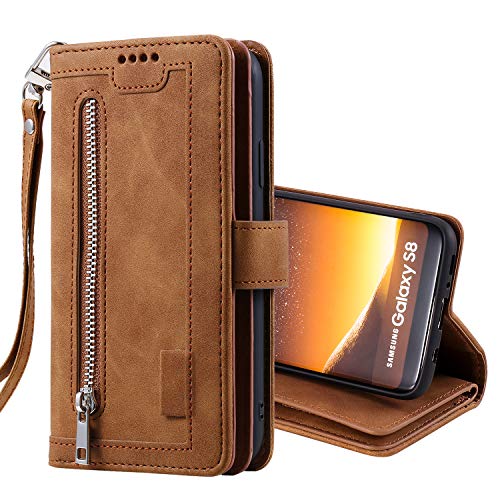 Ueebai Wallet Case For Samsung Galaxy S8 Plus, Retro 9 Card Holder Slots Zipper Pocket Handbag Case Pu Leather Magnetic Closure Kickstand With Wrist Strap Tpu Shockproof Flip Case - Brown #TOP7