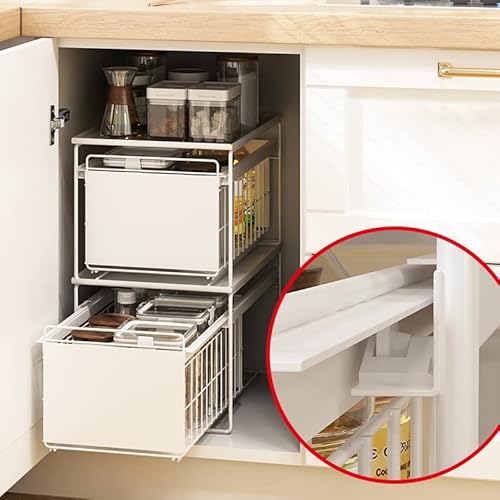KOLENSA Cajón organizador extraíble, cesta deslizante de metal para cocina, encimera, despensa, baño, oficina escritorio (blanco)