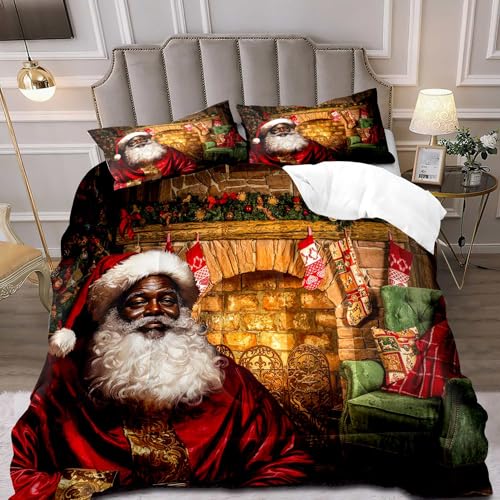 LUVIVIHOME 3PCS Christmas Comforter Set Queen Size, Funny Black Santa Claus Bedding, Xmas Merry Bedroom Decor for Kids Boys Girls Teens, African American Decorations, 1 Pillow Case