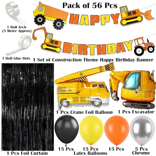 Image of Rozi Decoration Construction Theme Birthday Party Decoration Kit, 56 Pieces, Includes Happy Birthday Banner, Foil Balloons, Latex Balloons, Curtain, Yellow Orange Black