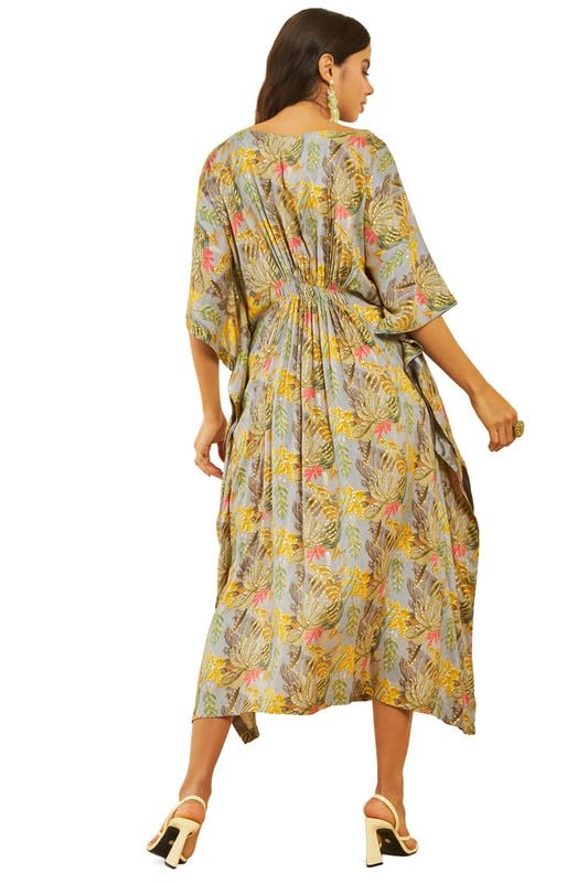 Image of Soch Womens Dark Grey Muslin Floral Foil Print V-Neck Kaftan