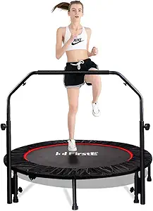 FirstE Mini Fitness Trampoline for Adults, Foldable Exercise Trampoline with Adjustable Foam Handle, Rebounder Trampoline for Bounce Workout Indoor/Garden