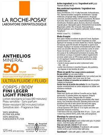 La Roche-Posay Anthelios Mineral Body Sunscreen, Gentle Lotion Broad Spectrum SPF 50, Face and Body Sunscreen with Titanium Dioxide, Water Resistant, Fragrance Free, 125mL - 1