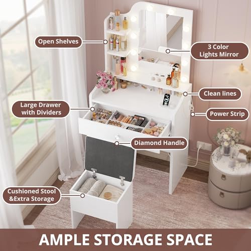 Image of LIKIMIO Small Vanity Desk with Mirror Lights and Storage Stool, White
