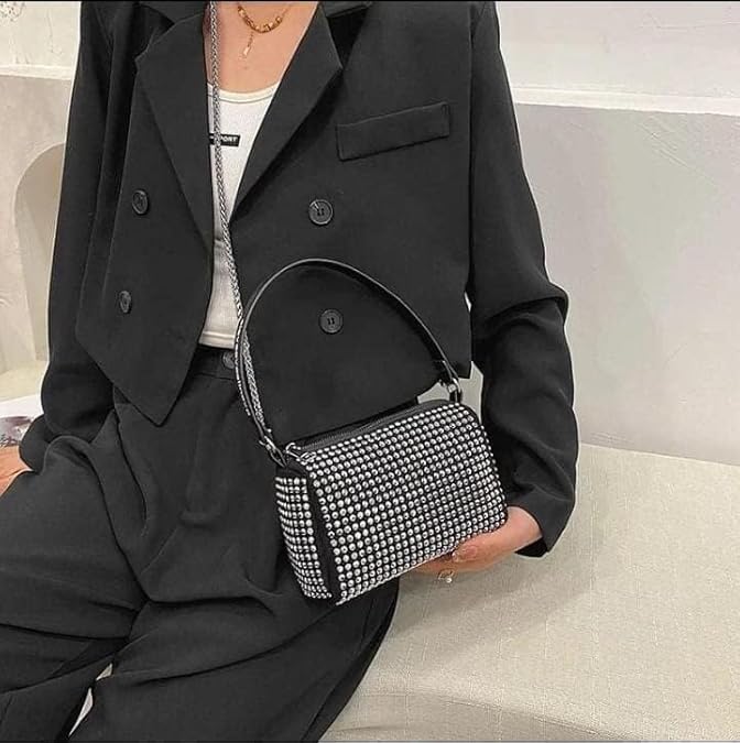 Image of Classy Bag Women's Rhinestone Studded Shoulder Bag - Black Barrel Purse with Detachable Chain Strap - Sparkly Evening Handbag for Party, Prom, or Night Out