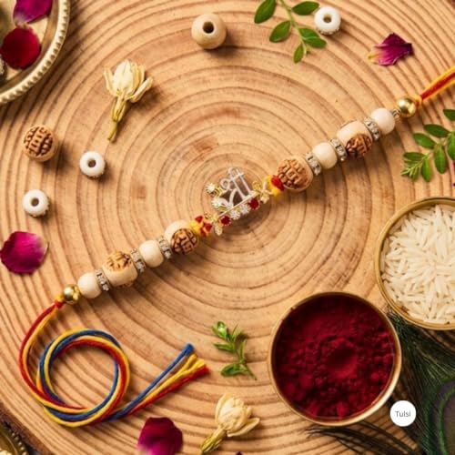Image of Original Tulsi Rakhi for Brother | Handmade Natural Tulsi Beads Rakhi | Sacred Raksha Bandhan Rakhis for Boys | Traditional Spiritual Rakhi Gift