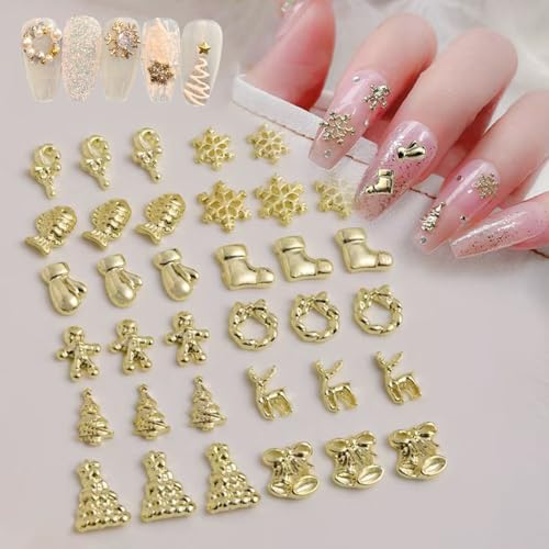 30Pcs Christmas Nail Charms and Gems 3D Metal Alloy Nail Rhinestone Jewelry Design Winter Christmas Tree Socks Snowflakes Elk Candy Gold Nail Art Charms for Women DIY Xmas Nails Decoration Supply