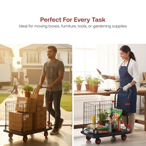 Image of BonKaso 150Kg Foldable Platform Trolley with Basket Cage | Portable Heavy-Duty Plastic Hand Truck with 360 Rotating Wheels Cart for Office, Warehouse & Outdoor (72.5x48.5x98.5cm) Black