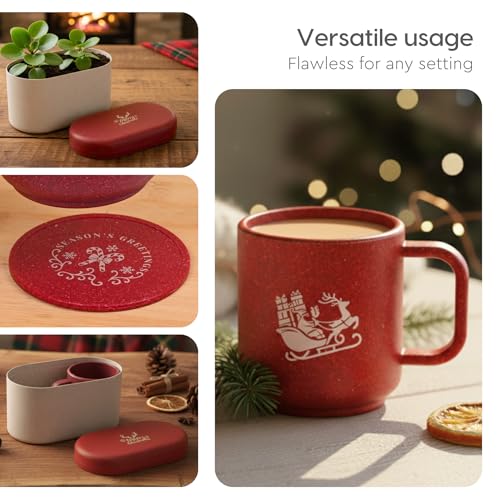 Image of Eha Earth-Friendly Christmas Gifts for Friends and Family | Secret Santa Gifts | Made with Rice Husk | Printed Christmas Mug and Coasters Set of 2, Keychain & Loopac Box | 350 ml | Coral
