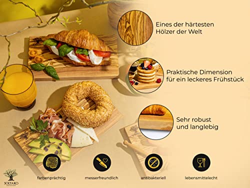 SOLTAKO Frühstücksbrettchen aus Olivenholz 4er Set 'The Breakfast King' 4x Oliven Holz Schneidebrett Set, 13/23 cm