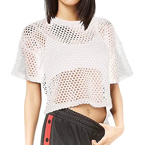 Haut en maille filet pour femme style années 80 noir t-shirt sexy transparent F625
