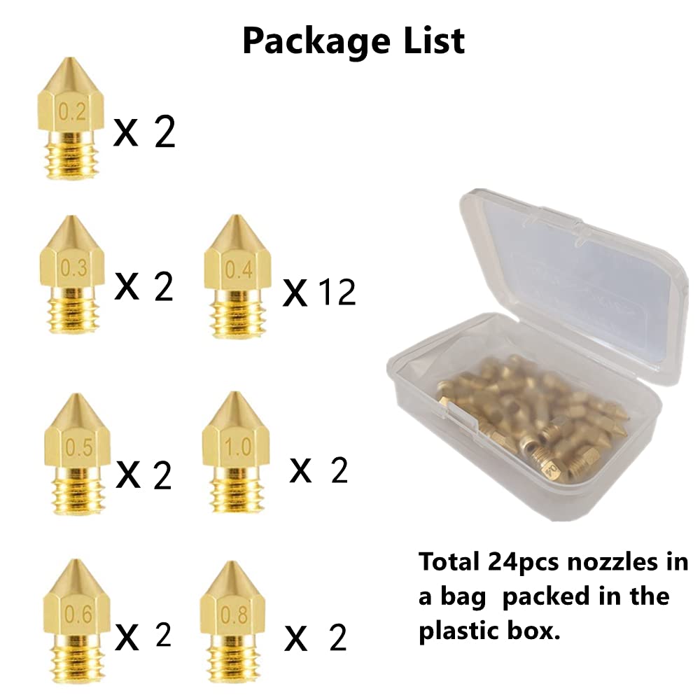 BigcaseTech 24Pcs MK8 3D Printer Extruder Nozzles Head Hotend (0.2, 0.3, 0.4, 0.5, 0.6, 0.8, 1.0) mm M6 Thread fit for Makerbot Comgrow Creality ELEGOO etc. 3D Printer (24 Pack in Storage Box) : Industrial & Scientific