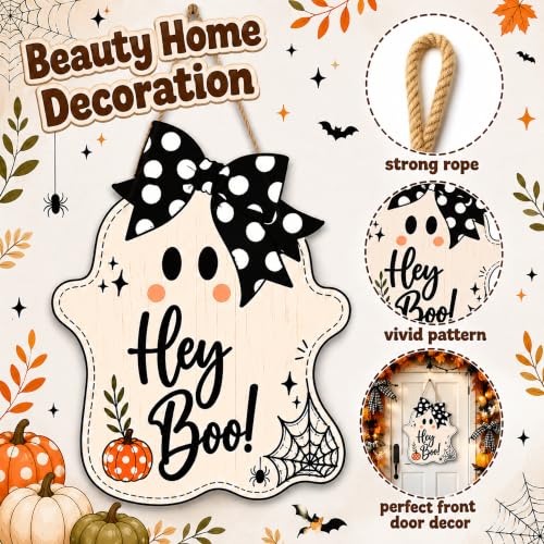 Image of Halloween Party Decorations - Hey Boo Wooden Ghost Sign for Front Door | Cute Ghost Halloween Garland Wood Wreaths Door Sign Decor- Halloween Party Favors Supplies for Home Wall Decor