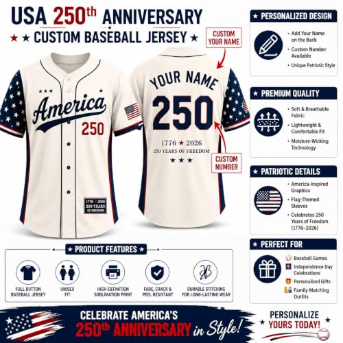 Personalized Baseball Jersey Patriotic 250th USA Stitched Print, Custom Name Number Team for Men Women Boys miniatura 4