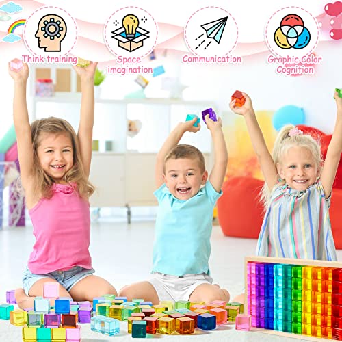 Image of Meooeck 100 Pcs Colored Acrylic Gem Cube Blocks, Translucent Rainbow Building Stacking Sensory Train Toy with Wooden Storage Box for Toddler Kid Montessori School Classroom (Cube)