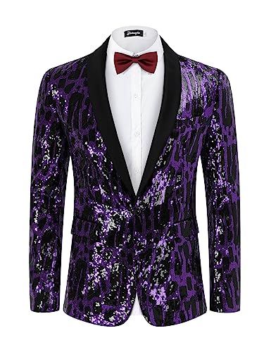 TURETRENDY Men Shiny Sequin Blazer Jacket Stylish One Button Tuxedo Suit Jackets for Party Dinner Prom