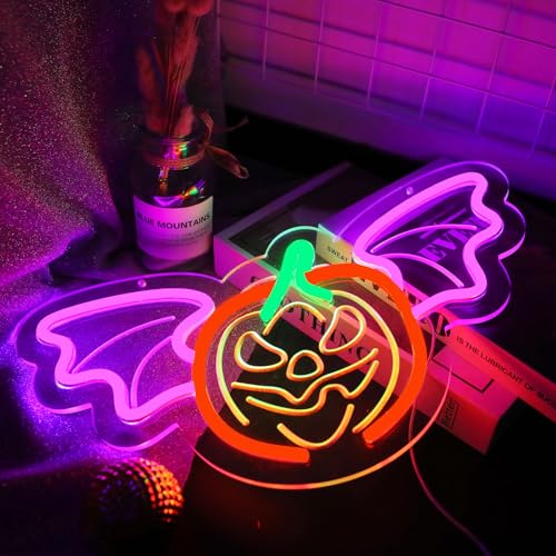 Image of ENUOLI Halloween Neon Sign Pumpkin Bat Neon Signs for Wall LED Lights Sign for Bedroom Dimmable LED Sign Neon Wall Light for Halloween Party Decoration Bedroom Bar Shops