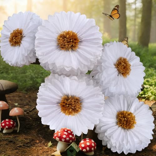 Image of Chunful 5 Pcs 30'' 24'' Gaint Daisy Tissue Paper Flowers Decor White Wonderland Large Hanging White Tissue Paper Pom Poms Decor for Wonderland Daisy Birthday Bachelorette Wedding Baby Shower Party