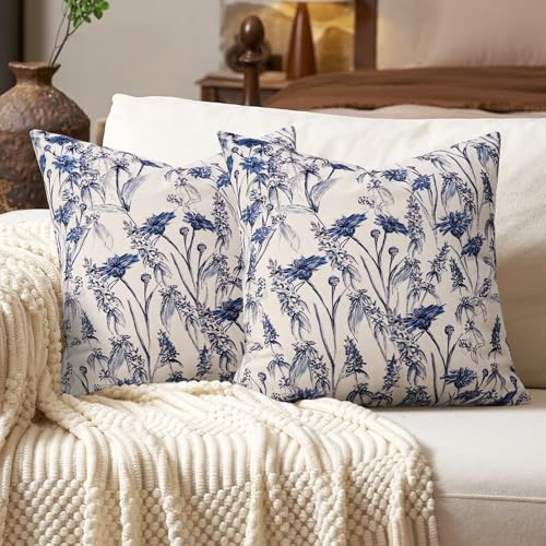 Pyonic Light Blue Vintage Floral Pillow Covers 18x18 inch Spring Block Print Flower Pillowcase Neutral French Farmhouse Cushion Covers for Sofa Couch Bedroom Living Room Outdoor Decor