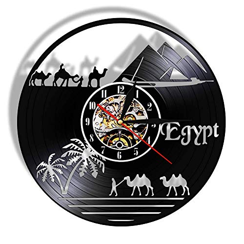 JXWH Paisaje decoración Camello Reloj Tema Egipcio pirámide Retro Vinilo Reloj de Pared Reloj único Regalo de Viaje Africano