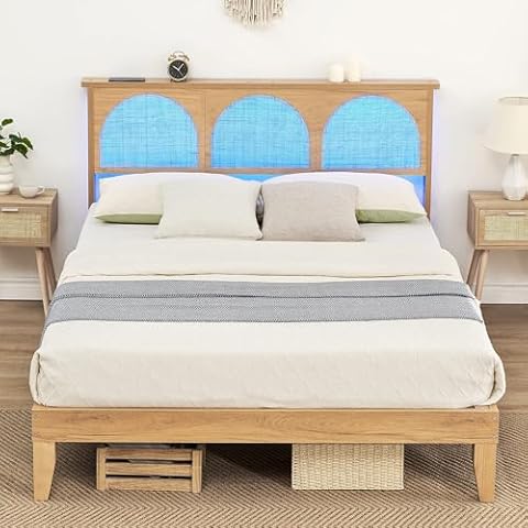 coucheta Queen Bed Frame with Rattan Headboard and LED Lights, Rattan Bed Frame Queen with Wooden Slats Support, Cane Bed Frame Queen, Mattress Foundation, No Box Spring Needed, Easy Assembly, Oak Cover