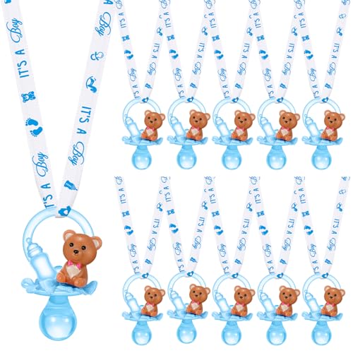 Coume 36 Pcs Baby Shower Pacifiers Necklace Bear Bottle Acrylic Baby Pacifiers Charm Necklace for Guests Gender Reveal Party Favors Prize Table Scatter(Boy,White, Blue)