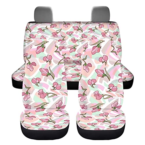 Image of Modysero Floral Flower Print Pink Car Set Cover Full Set Durable Soft Front Rear Bench Seat Cover Set for Women Elastic Breathable Automotive Seat Protector Universal Fit All Cars Trucks