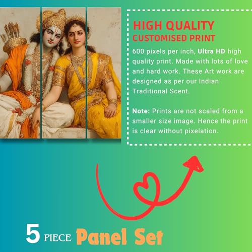 Image of Nozvera Radha Krishna Wall Painting for Living Room Big Size 48 x 24 Inch | 5 Panel Premium MDF Wall Art | UV Printed Sparkle Laminated Waterproof Wall Decor | Religious Home Decoration Items