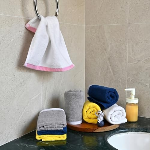 Image of Divine Casa Cotton Hand & Face Towel Set of 8 (500 GSM) | Ultra Soft & Highly Absorbent Towels Combo | 4 Hand Towels (40x60 cm) & 4 Face Towels (30x30 cm) | Yellow, Blue, Grey & White