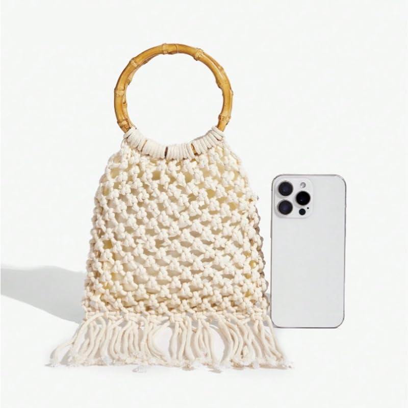 Bolso Tote de cuerda de algodón tejido a mano con flecos miniatura 4