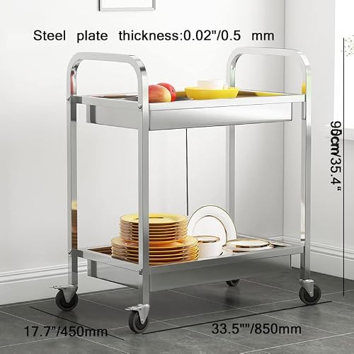 Niccoo Stainless Steel Utility Carts With Wheels, 2-Tier Kitchen Island Rolling Cart With Shelves For Dining Room, Utility Storage Hotel Restaurant Home Use, 17.7" D X 33.5" W X 35.4" H #TOP1