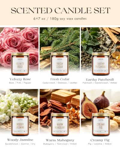 Image of AOOVOO Candles Set - 6PC Scented Candles, Soy Candle, Aromatherapy Candle, Soy Wax Candle, Candle for Home Scented, Velvety Rose /Fresh Cedar /Earthy Patchouli /Woody Jasmine /Warm Mahogany /Creamy Fig
