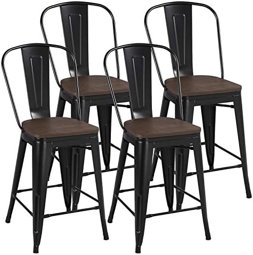 Yaheetech 24inch Metal Dining Chairs Solid Fir Wooden Surface Furniture High Black Metal Indoor-Outdoor Counter Height Stool with Removable Back Modern Kitchen Dining Bar Chairs Rustic - Black