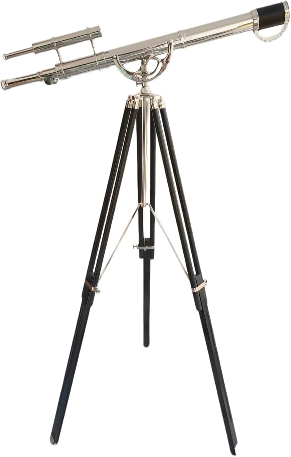 The Vintage Venue Decorative Brass Telescope – Double Barrel Chrome Finish on Black Wooden Tripod – 65” Floor Standing Nautical Collectible for Home, Office & Gift Decor