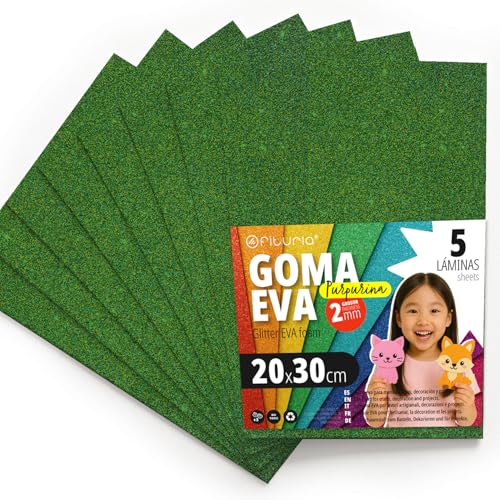 OFITURIA Goma Eva con Purpurina para Manualidades Creativas, Láminas de Foam Brillante para DIY, Proyectos Escolares, Arte Decorativo, Scrapbooking 20x30cm (Verde Oscuro Purpurina, 5 uds)